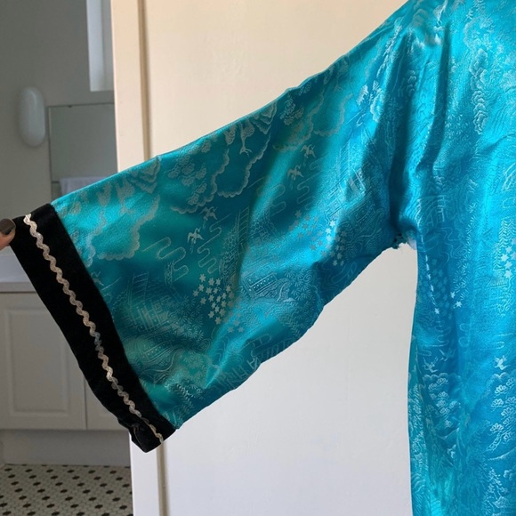 1960's Turquoise Bell Sleeve Kimono Robe Vintage Oriental Mid Century Mod Kimono - Picture 5 of 9